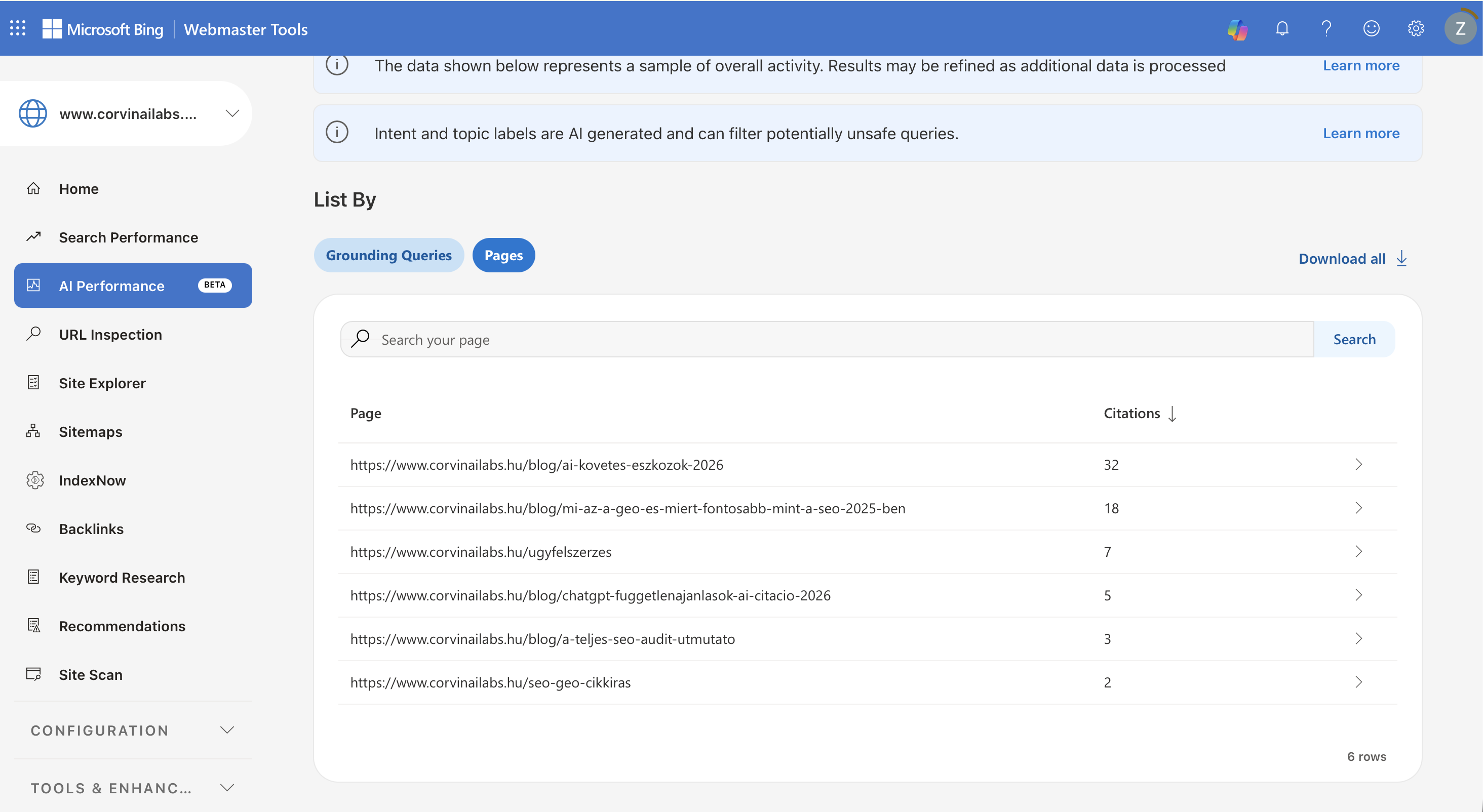 Bing Webmaster Tools AI Performance Pages nézet — citációk oldalanként (corvinailabs.hu)